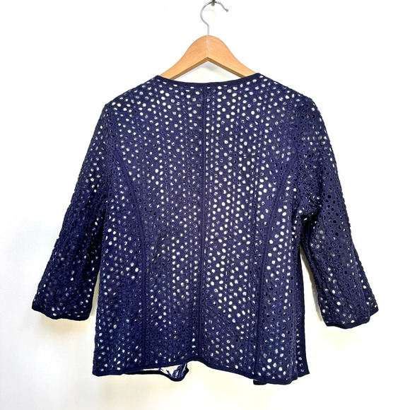 Coldwater Creek Reversible Eyelet Floral Open Front Jacket Navy/White 14 NWOT - Picture 7 of 10